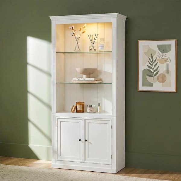 78.75 in. Tall White Wood Display Bookcase with 5-Colors LED Light and Adjustable Glass Shelves