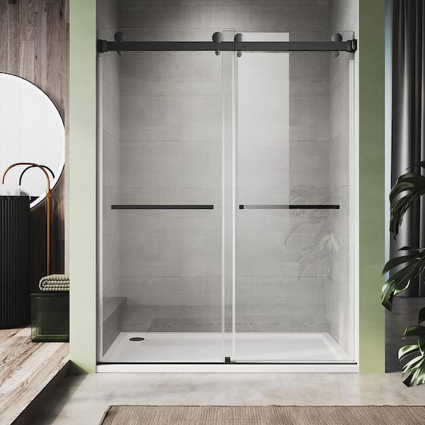 UNIKOO UKD01 56 to 60 in. W x 80 in. H Double Sliding Frameless Shower Door in Matte Black, EnduroShield 3/8 in. Clear Glass