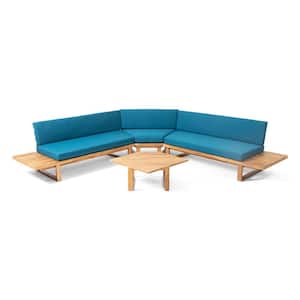 Mirabelle Teak Brown 4-Piece Wood Patio Conversation Sectional Seating Set with Dark Teal Cushions