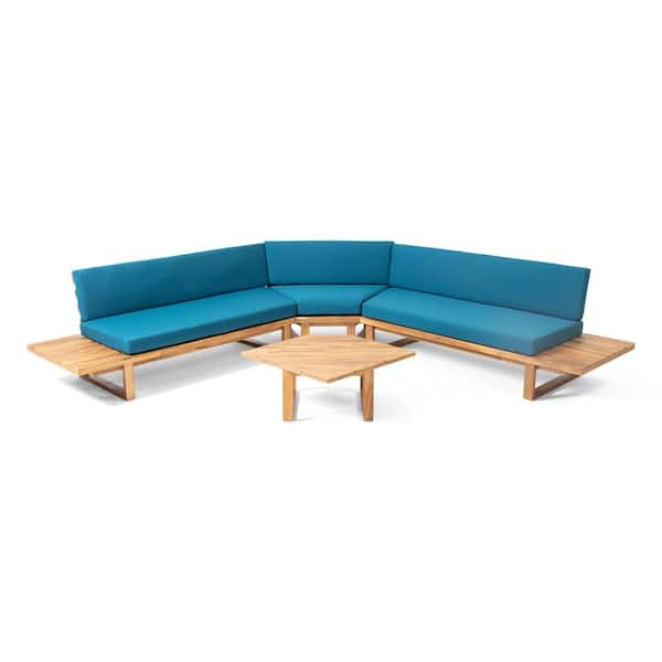 Mirabelle Teak Brown 4-Piece Wood Outdoor Patio Conversation Sectional Seating Set with Dark Teal Cushions
