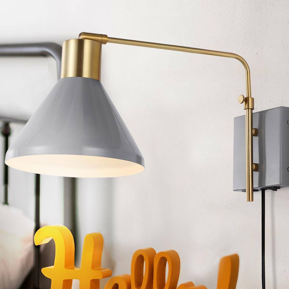 Max 20.5" Gray and Brass Gold Iron Swing Arm Sconce with USB Port