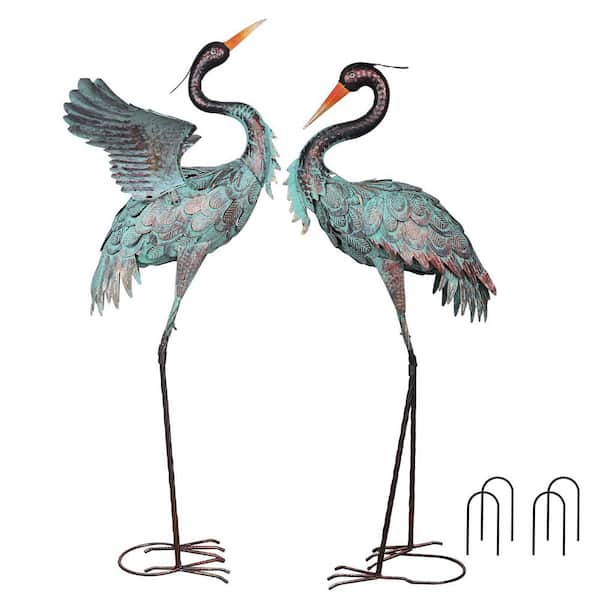 38 in./36 in. Large Metal Blue Crane Lawn Sculptures Garden Decor
