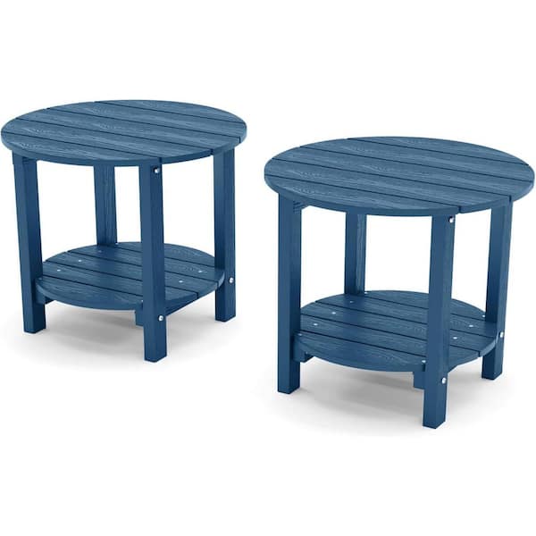 18 in. Navy Round Plastic Adirondack Outdoor Double Layer Patio Side Table (set of 2)