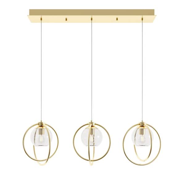 AFX Jamie 3-Light Satin Brass, Clear Shaded Pendant Light with Clear Glass Shade