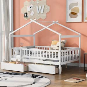 White Full Size Wood House Bed with 2-Drawers and Fence Guardrails