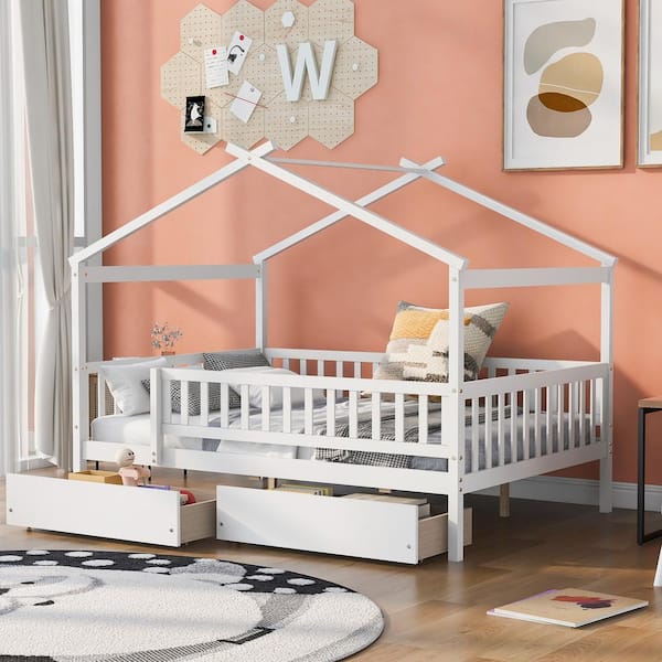 Harper & Bright Designs White Full Size Wood House Bed with 2-Drawers and Fence Guardrails