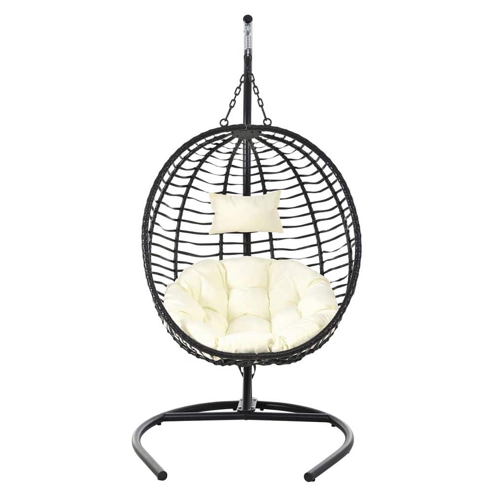 Metal Folding Hanging Egg Chair with Stand, Patio Swing Chair with Adjustable Anti-Slip Feet, Beige Cushion for Garden price history on PriceWatchPro