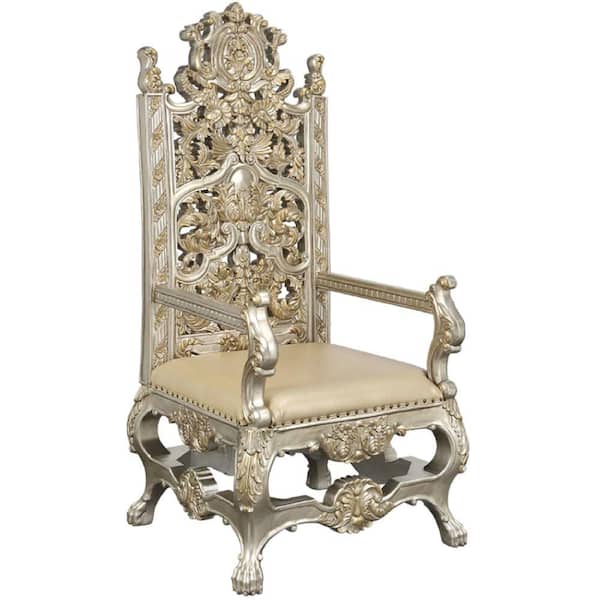 Benjara Gold Vegan faux leather Arm chair with Floral Carvings