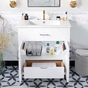 30 in. W Single Sink Freestanding Bath Vanity in White with White Ceramic Top, 1 Drawer, 2 Doors and Shelf