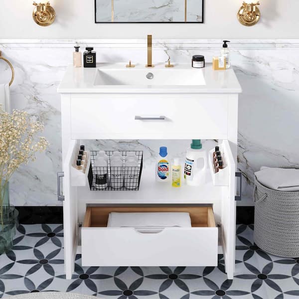 30 in. W Single Sink Freestanding Bath Vanity in White with White Ceramic Top, 1 Drawer, 2 Doors and Shelf