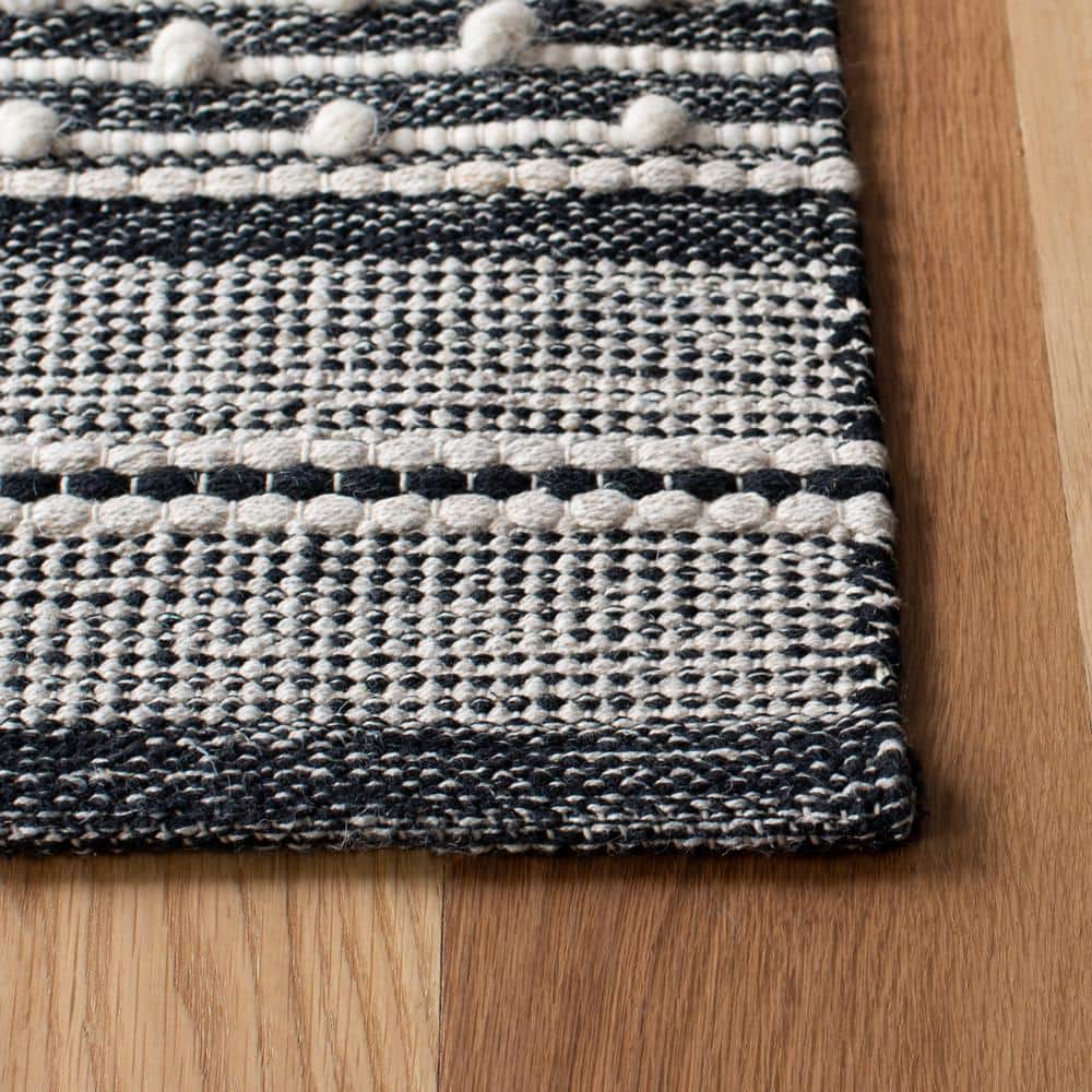 Black and Ivory Striped Kilim Handwoven Wool Area Rug