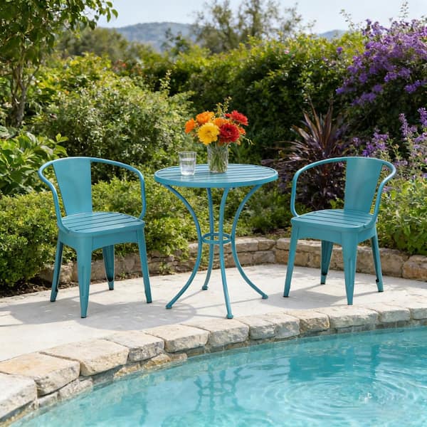 Modern Blue 3-Piece Metal Outdoor Bistro Set, Patio Set with