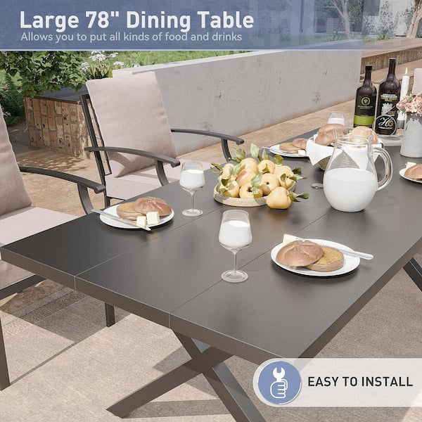 9-Piece Metal Patio Outdoor Dining Set with 2 Swivel Chairs, 6 Chairs, Large Table, Umbrella Hole and Sand Cushions