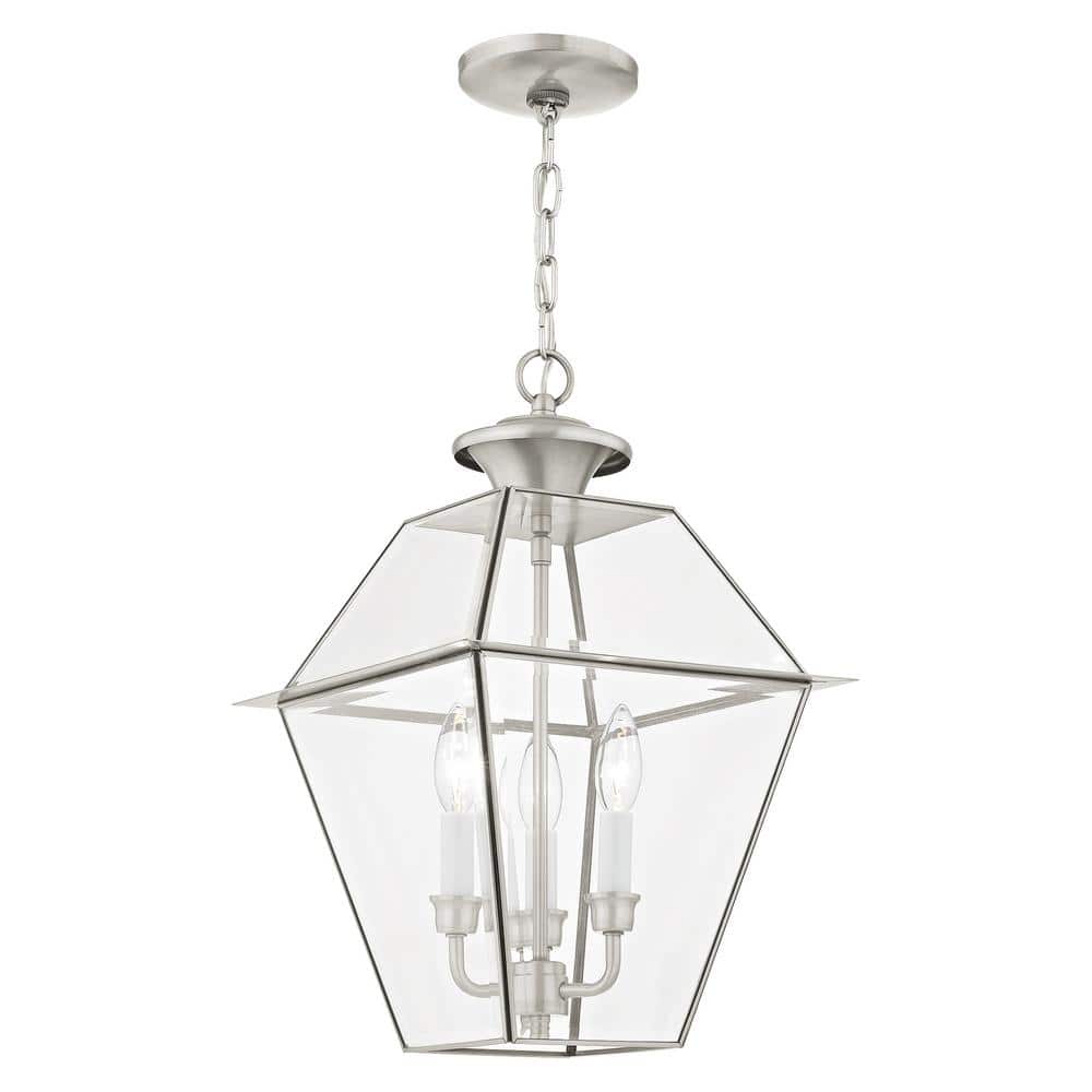 Brushed Nickel 3-Light Outdoor Pendant Lantern with Clear Beveled Glass