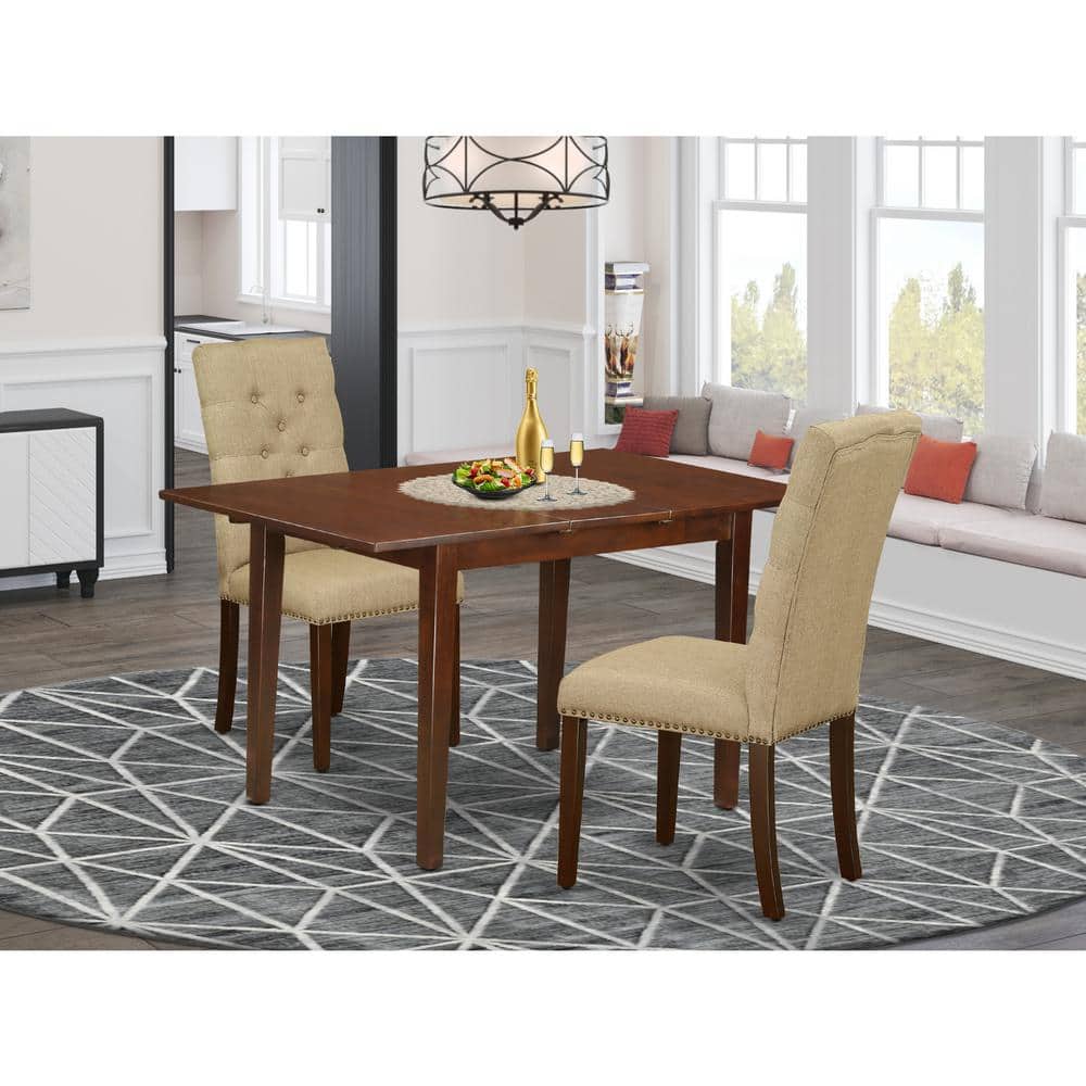 3-Piece Mahogany Finish Rectangular Solid Wood Top With Butterfly Leaf Dining Table Set