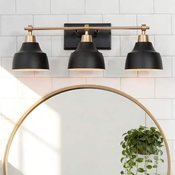 24.5 in. 3-Light Modern Black Bell Vanity Light, Gold Bathroom Light Fixture, Wall Sconce with White Inner Metal Shades