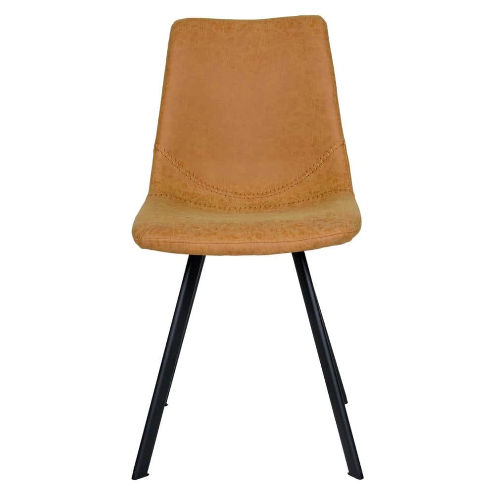 Light Brown Leather Side Chairs with Metal Legs, Set of 2