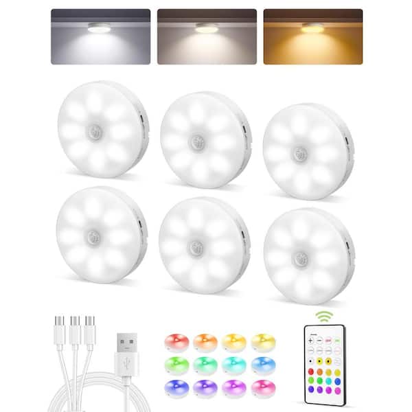 3.34 in. 6-Pack Battery Operated Wireless USB Charging White Integrated LED Linkable Under Cabinet Light, Closet Light