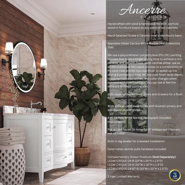 Lauren 48 in. W x 22 in. D Vanity in White with Marble Vanity Top in Carrara White with White Basin