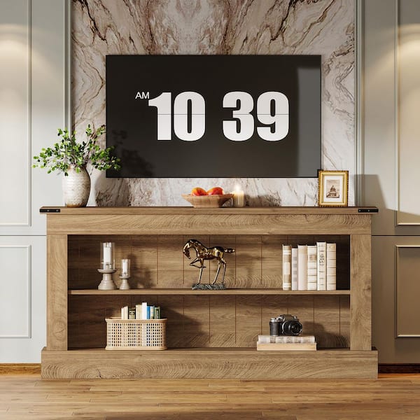 63 in. Brown Wood TV Stand Fits TVs up to 55 to 65 in. with Open Storage, Entertainment Center for Living Room Bedroom