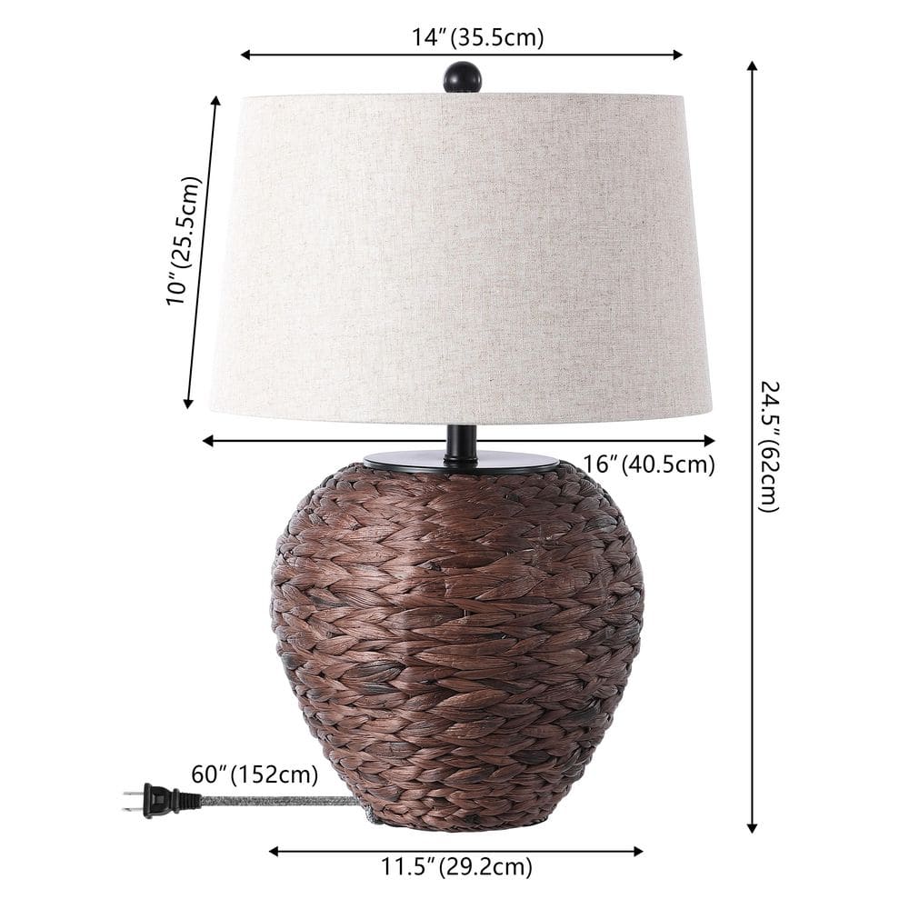 Dark Brown Water Hyacinth Basket Table Lamp with Beige Linen Shade