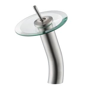 Torino Waterfall Single Handle Single Hole Bathroom Faucet with Clear Glass Disk in Satin Nickel