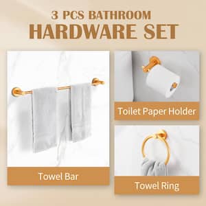3-Piece Bath Hardware Set with Towel Ring Toilet Paper Holder and 27 in. Towel Bar in Golden Gold
