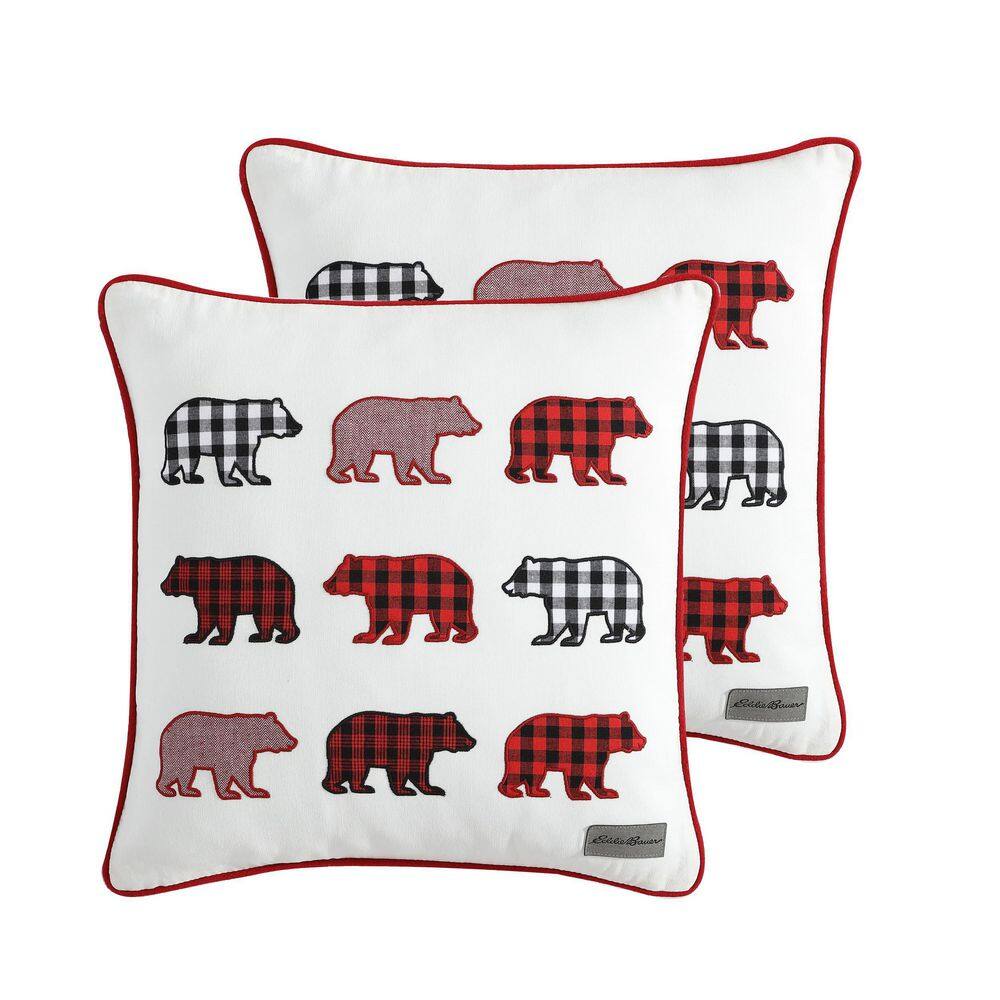 EDDIE BAUER Cabin Plaid Bear Picnic 2Piece Red Cotton Pillow Cover Set