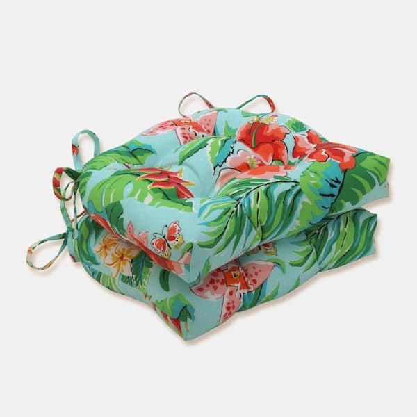 Pillow Perfect Floral 17.5 in. x 17 in. Outdoor Dining Chair Cushion in Blue/Green/Pink (Set of 2)