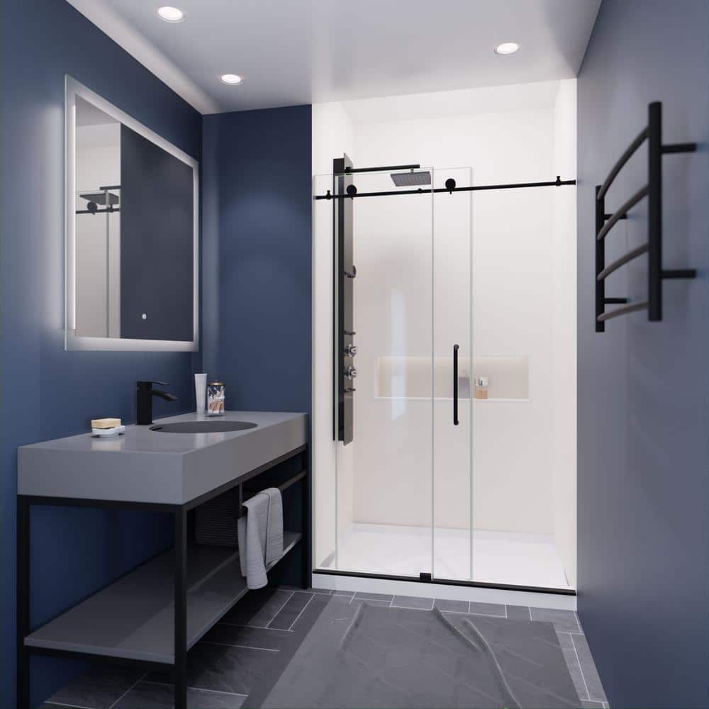 Matte Black Frameless Sliding Shower Door with Clear Glass Panels
