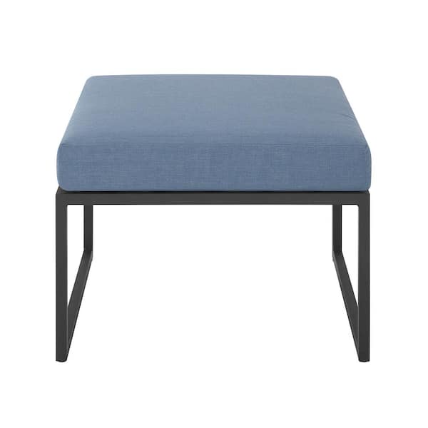 Walker Edison Furniture Company Metal Modern Outdoor Patio Ottoman with Blue Cushion