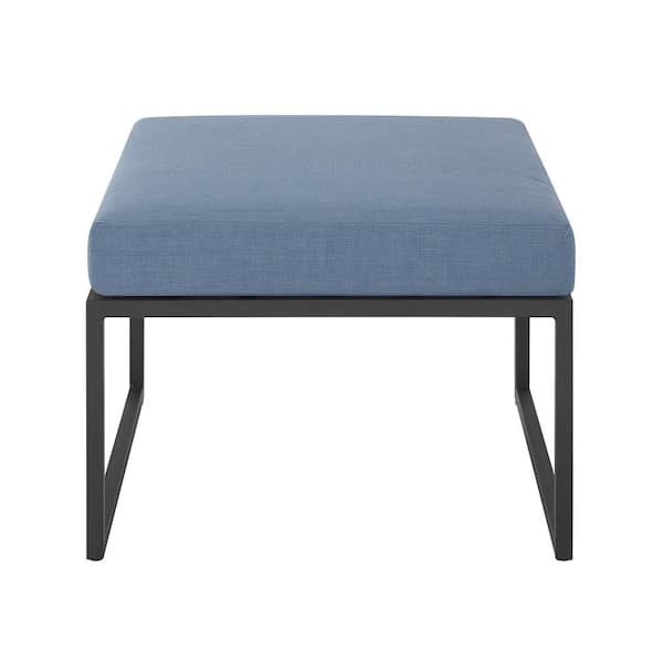 Welwick Designs Metal Modern Outdoor Patio Ottoman with Blue Cushion