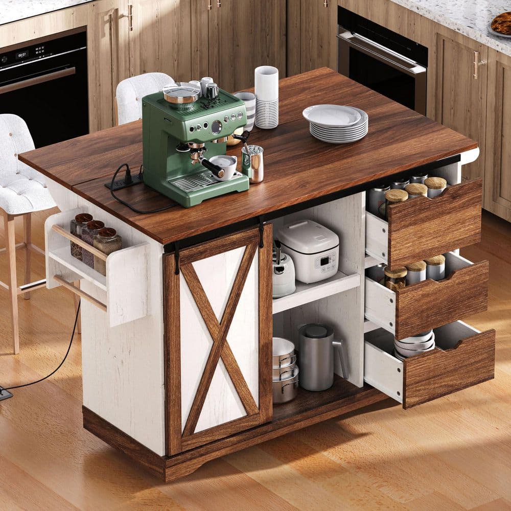 White and Brown MDF Wood 55.5 in. Kitchen Island Cart with Drop Leaf, Power Outlet, Barn Door and Wheels for Storage