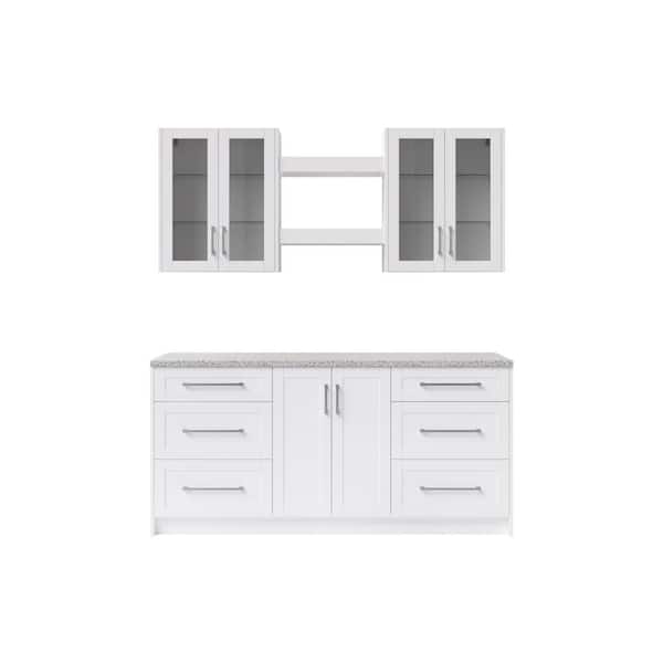 NewAge Products Home Bar 24 in. White Cabinet Set with Granite Countertop and Glass Doors (8-Piece)
