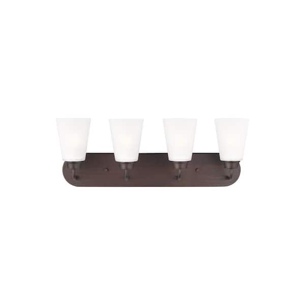 Generation Lighting Kerrville 24.625 in. 4-Light Bronze Traditional Transitional Bathroom Vanity Light with Satin Etched Glass Shades