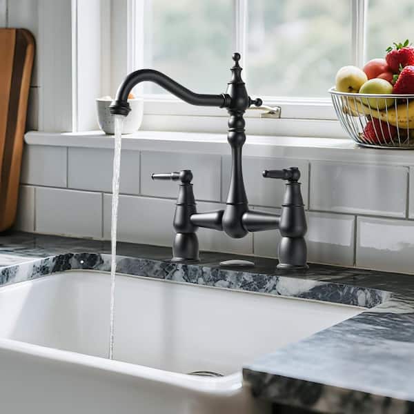8 in. Centerset Double Handle Brass Elegant Bridge Kitchen Faucet with Sink Hole Cover in Matte Black