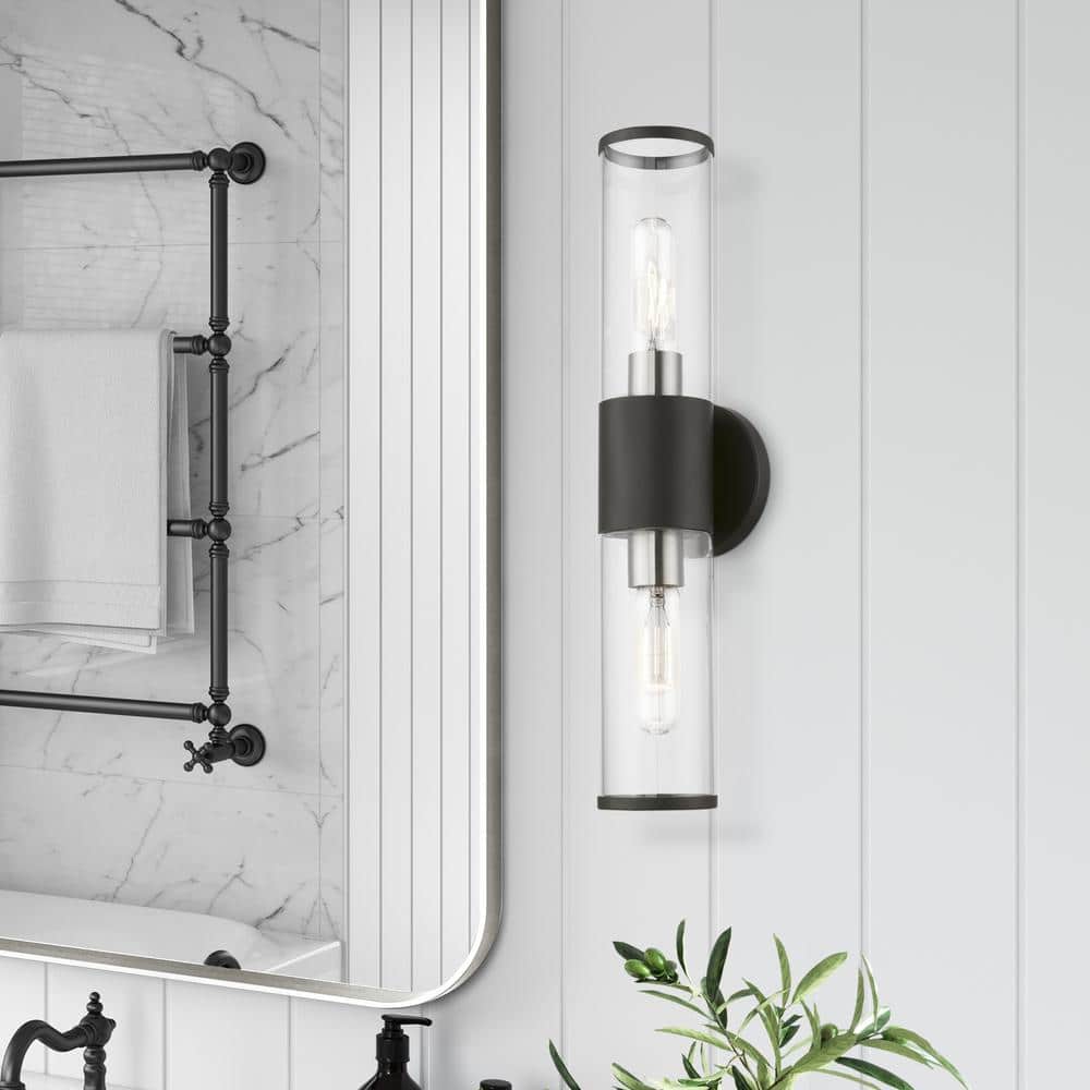 Bancroft Sleek Black Steel 2-Light Vanity Sconce with Clear Glass