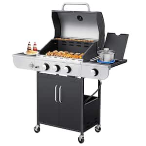 4-Burner BBQ Propane Gas Grill, 24,000 Stainless Steel Patio Garden Barbecue Grill in Black