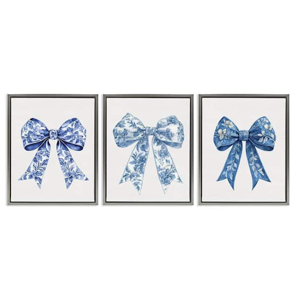 Vintage Toile Pattern Bows by Lettered and Lined 3 Piece Gray Floater Frame Culture Graphic Art Print 31 in. x 25 in.