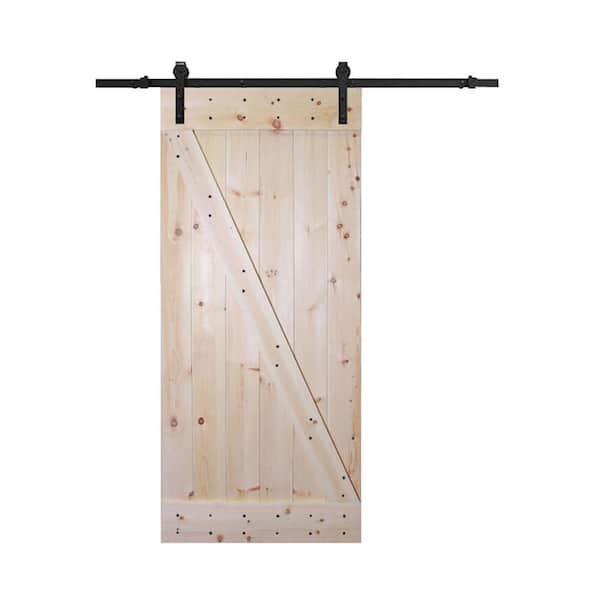 CALHOME 38 in. x 84 in. Z Bar 1-Panel Unfinished Natural Wood Sliding Barn Door with 6 ft. Dark Sliding Door Hardware Kit