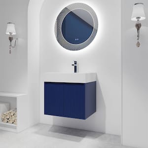 24. in. Wall Mounted Bath Vanity Cabinet in Navy Blue with White Thick Edge Resin Sink Top and 2-Soft Closing Door