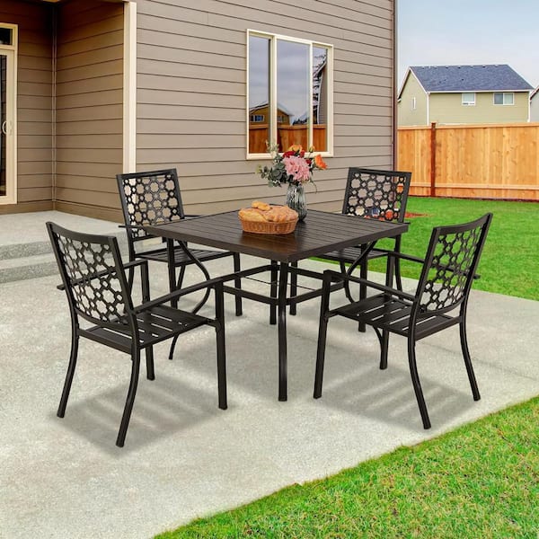 MEOOEM 5 Piece Outdoor Patio Square Dining Set, Metal Wooden Like Table Top with 1.57" Hole and 4 Chairs