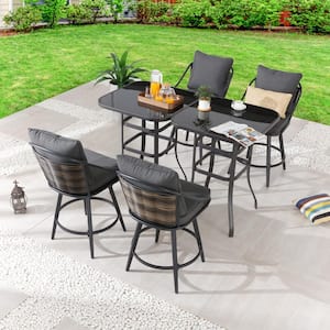 6-Piece Metal Bar Height Outdoor Dining Set with Gray Cushions