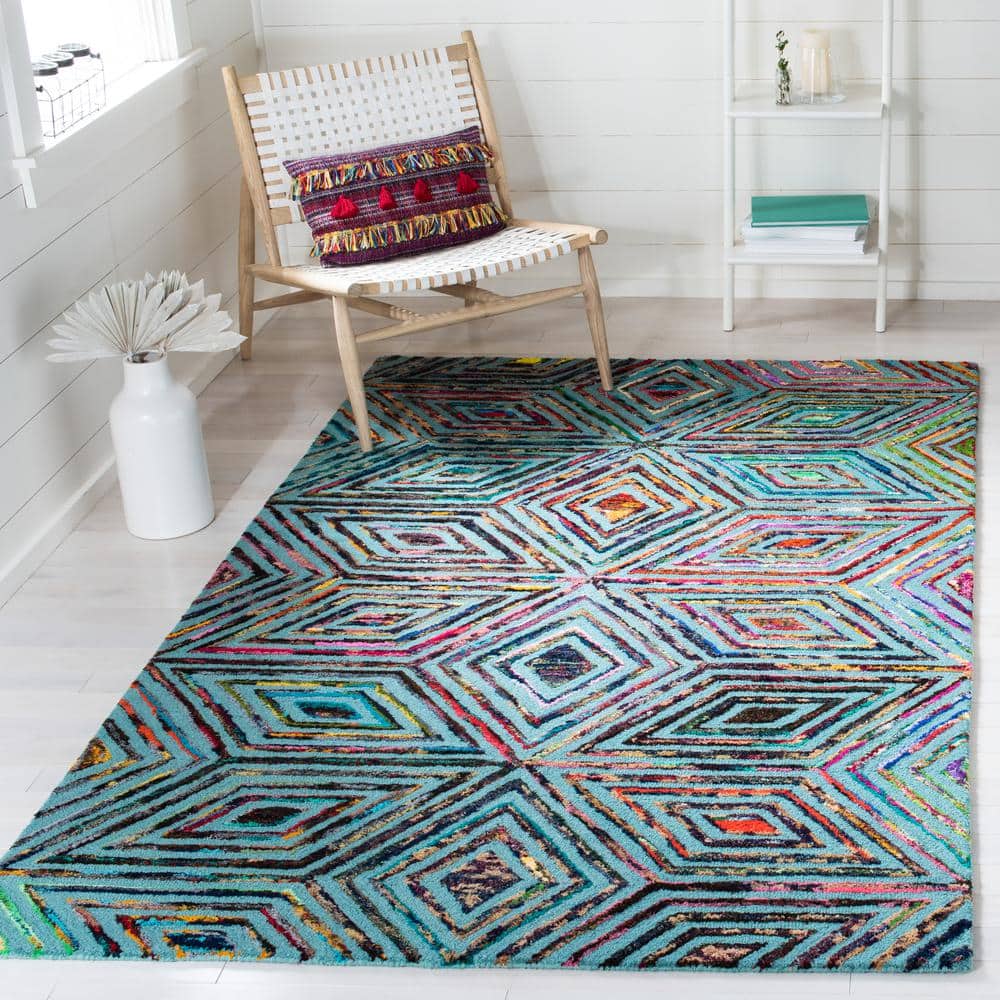 Handmade Blue Wool and Cotton Tufted Rectangular Rug