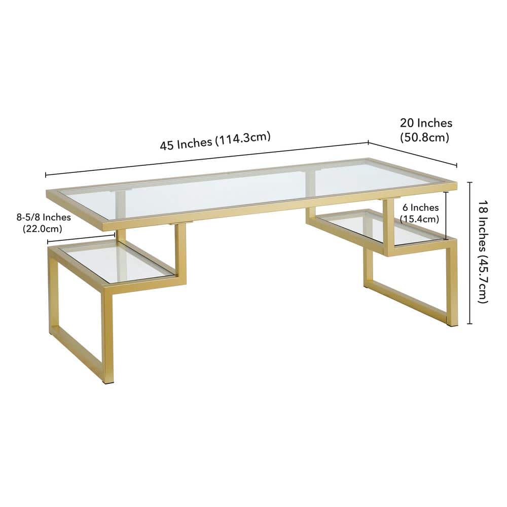 Zander 45" Brass and Glass Rectangular Coffee Table