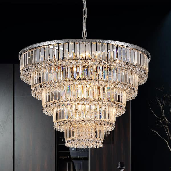 HUOKU Ccrystal 24.8 in.Dia Contemporary 17-Light Chrome 5-Tiered