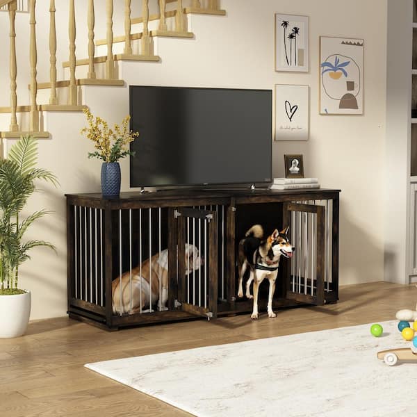 FUFU&GAGA Heavy-Duty Wooden Dog Crate with Trays and Divider for 2 Dogs, Large Dog Crate for Large Medium Dogs, Dark Tiger Skin