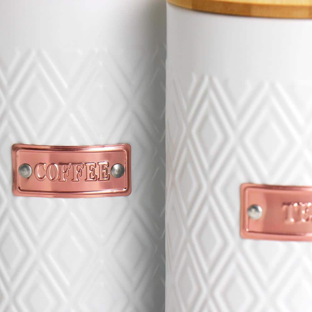 White Diamond Pattern Iron Canister Set with Bamboo Lids