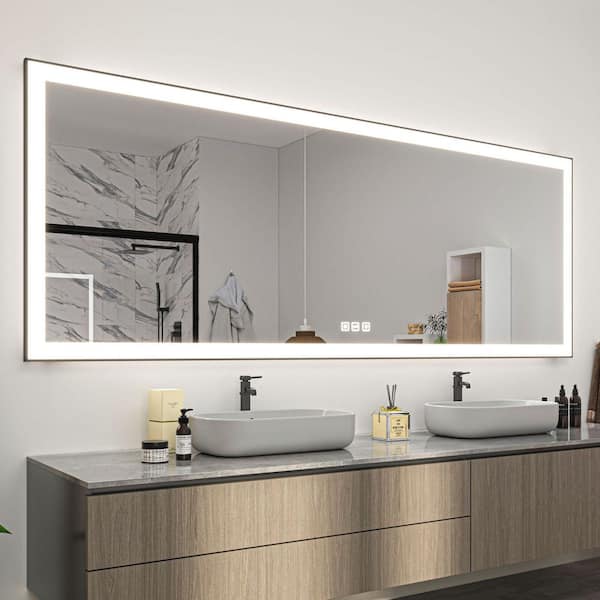 88 in. W x 38 in. H Rectangular Framed LED Anti-Fog Wall Mirror in Black with Backlit and Front Light