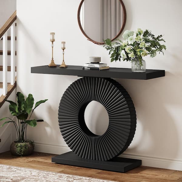 Turrella 39 in. Black Rectangle Engineered Wood Console Table with O Shaped Base